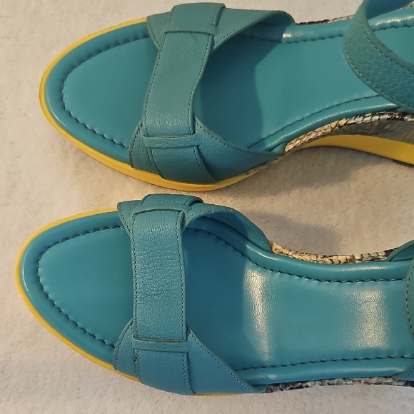 Cole Haan Nike Air Teal and Yellow  Sandals 9B Turquoise & Yellow Snake Wedge - Picture 6 of 16